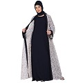 Shrug abaya combo- Off-white printed Shrug with Navy inner abaya
